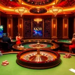 Experience the thrill of gambling at Nhà cái KK55 with vibrant casino visuals showcasing poker tables and roulette wheels.