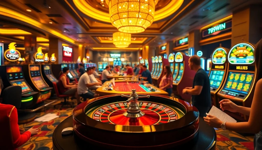 A thrilling casino game scene showcasing players at 789WIN, highlighting excitement with roulette and vibrant slot machines.