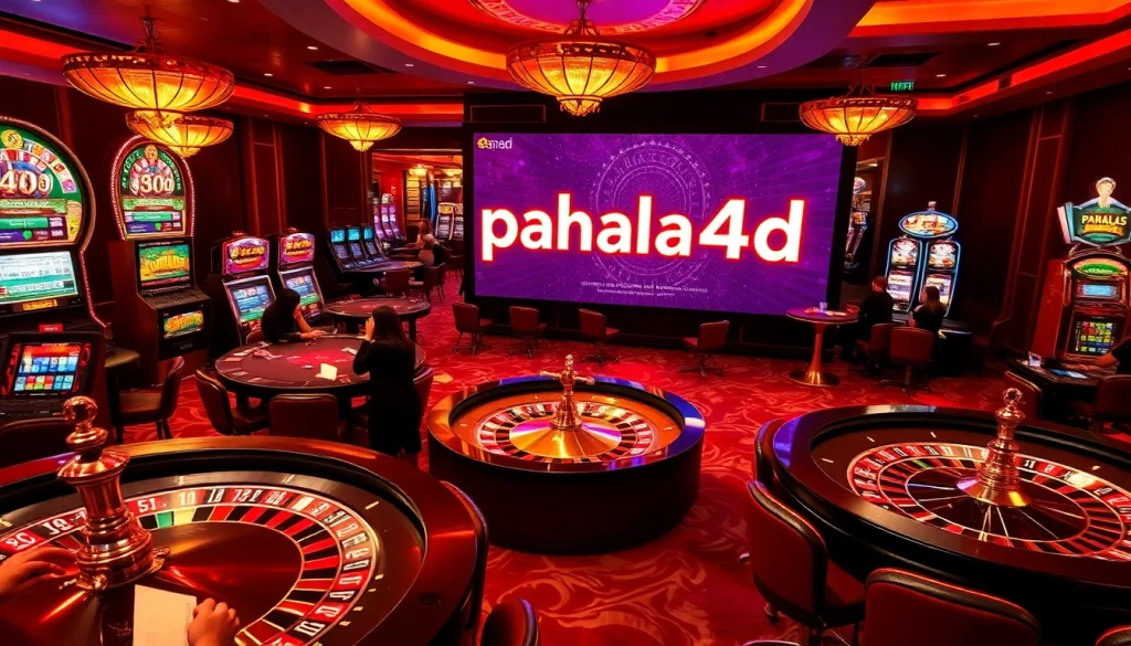 Pahala4d players enjoying an exciting game night at a luxurious casino with roulette and slot machines.