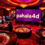 Pahala4d players enjoying an exciting game night at a luxurious casino with roulette and slot machines.