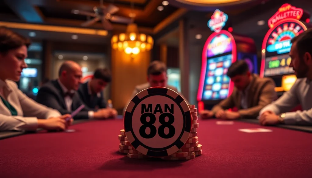 Poker players strategizing around a table with "Man 88" chips, embodying the excitement of online gambling.