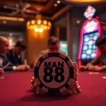 Poker players strategizing around a table with "Man 88" chips, embodying the excitement of online gambling.