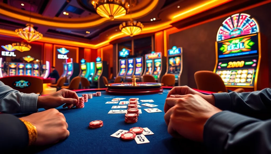 Experience thrilling poker action at EEJL casino with vibrant tables and elegant chips.