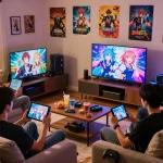 Engaging scene of players enjoying porngames in a cozy living room with various devices.