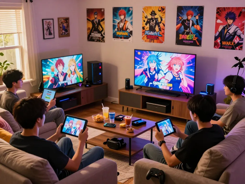 Engaging scene of players enjoying porngames in a cozy living room with various devices.