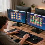 A player strategizing on the Rik vip online casino, showcasing a vibrant gaming setup with multiple screens.