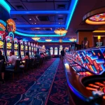 Excited players winning at ktpjitu's vibrant slot machines in a luxurious casino setting.