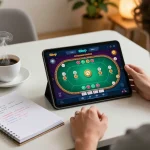 Engaging player enjoying Rikvip's poker game on a tablet, highlighting strategic gameplay.