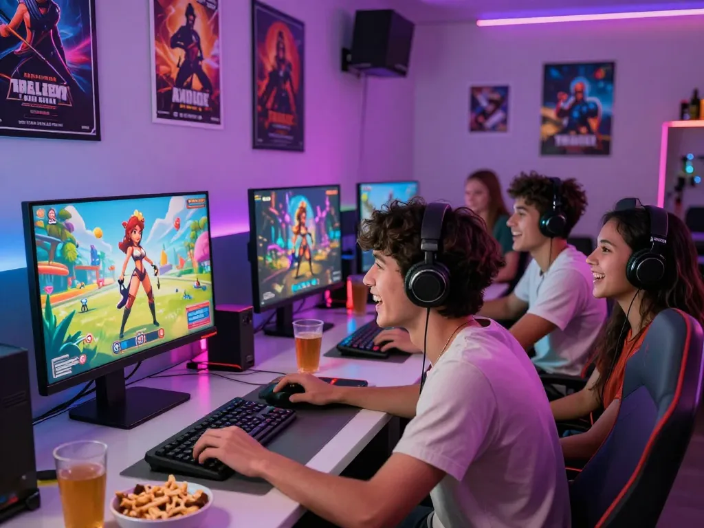Group of friends joyfully playing an adult game on a computer with vibrant animations.