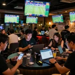 Engaged bettors analyzing stats and odds for keonhacai sports betting in a lively bar setting.