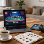 Engaging online gaming experience with a person playing 8xbet on a laptop, showcasing vibrant graphics and cozy atmosphere.