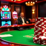 Players engaging at a luxurious blackjack table with MB66 branding in a vibrant casino atmosphere.