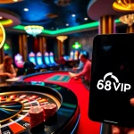 Experience the thrill of gambling at the casino, featuring Link Vào Nhà Cái 68VIP brilliantly displayed on a smartphone.