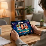 Engaged player using the NET88 app on a tablet in a cozy home setup, showcasing online gambling.