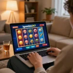 Igamble247 Slot gameplay on a laptop in a cozy living room, showcasing vibrant graphics and a relaxed atmosphere.
