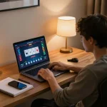 Engaged player on go8 online poker platform strategizing with chips and cards.