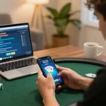 Akun Demo PG Soft adegan permainan poker menunjukkan pemain yang fokus pada smartphone, menciptakan pengalaman bermain game online yang menarik.