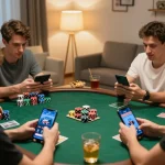 TG88 players enjoying an engaging online poker game at home, focused on their smartphones.