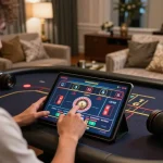Player engaging in online casino gameplay on a tablet showcasing dh88 roulette game interface in a stylish home office.