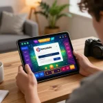 Pemain judi online yang antusias menggunakan kenzototo login di tablet, menampilkan antarmuka permainan yang menarik.