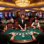 Pemain terlibat dalam permainan blackjack strategis di lantai kasino, menjelajahi pilihan menarik dengan cukup adrenalin.