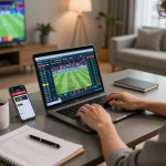 Engaged bettor using laptop and smartphone for trang cá cược bóng đá research, showcasing online betting strategies