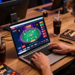 Engaging online gaming scene with nk88 interface on laptop, highlighting the thrill of online gambling.