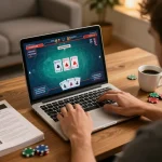 Player enjoying online poker on 32win, displaying strategic thinking with visible cards and chips.
