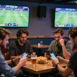 F8BET gamblers cheering at a lively sports bar while placing bets on mobile apps