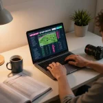 Engaging in sports betting on MPOSPORT with live odds visible on laptop screen, showcasing responsible gaming.