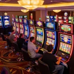 NAGA2000 slot players celebrating a win at colorful machines in vibrant casino atmosphere