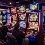 Players engaged at vibrant link slot machines, enjoying exciting spins in a lively casino.