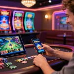 Excited player enjoying free credit 918kiss at modern casino table with vibrant atmosphere.