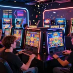 Players enjoying zeus138 online slots with vibrant graphics and festive atmosphere in a modern digital gaming environment.