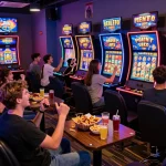A group celebrating their wins while playing toto slot games in a vibrant gaming lounge.