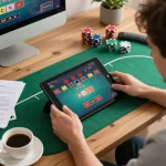 Engaged player enjoying an LC88 poker game on a tablet at home, creating a lively gaming experience.