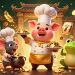 Engage in thrilling Slot gacor action with gourmet gold coins served by a chef pig.