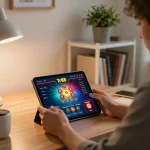 Engaging with the Tr88 casino app in a modern home gaming setup, promoting responsible gambling.