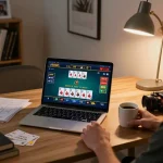 Engaging in keonhacai online poker gameplay at home with strategic planning notes and ambient lighting.
