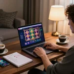 Player enjoying LGOLUX online casino games on laptop in a stylish home setting with strategic notes.