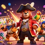 Play slots with golden coins and vibrant characters in a thrilling 3D casino scene.