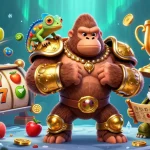 Nego77 offers an exciting scene showcasing a powerful gorilla king with slot reels and jackpots.
