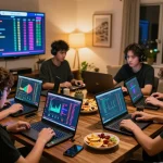 IDNSCORE players competing in an exciting online tournament with laptops and snacks in a cozy environment