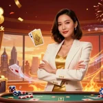 Trải nghiệm trò chơi hấp dẫn tại m88 không bị chặn với một quý cô thanh lịch trình diễn các lá bài thắng.