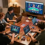 Friends engaging in a poker game at home while using the DN88 online casino platform, creating a fun atmosphere.