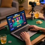 Player enjoying an iWin online poker game on a laptop in a cozy home setting.