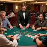 Watch players enjoying ดูหนังออนไลน์ฟรี as they strategize during a lively blackjack game in a vibrant casino.