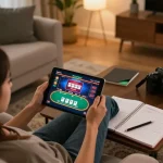 Person engaging with kuwin online casino game on a tablet, enhancing home gaming experience.
