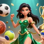 Experience the excitement of 99 win with a vibrant 3D casino scene filled with dynamic sports elements and golden treasures.