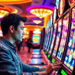 Experience excitement at situs slot rtp tinggi with vibrant slot machines glowing in a bustling casino.